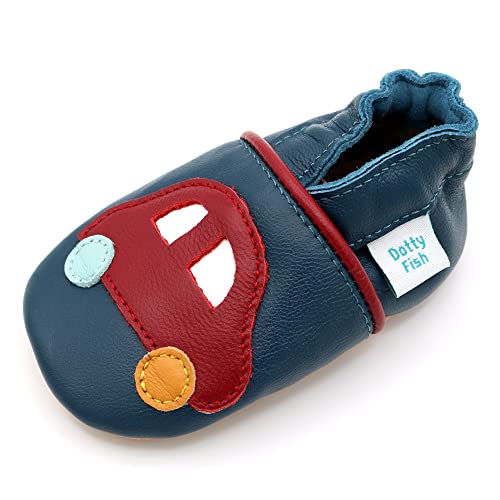 Dotty Fish Krabbelschuhe aus Leder – rutschfeste, weiche Sohle, Barfußgefühl, Lauflernschuhe & Babyschuhe für Jungen, Marineblau mit rotem Auto, 3-4 Jahre (27 EU) von Dotty Fish