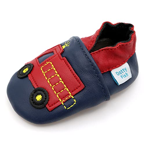 Dotty Fish Krabbelschuhe aus Leder – rutschfeste, weiche Sohle, Barfußgefühl, Lauflernschuhe & Babyschuhe für Jungen, Navy und rot Feuerwehrauto, 12-18 Monate (21 EU) von Dotty Fish