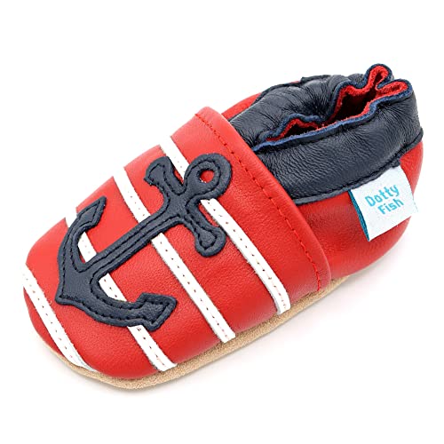 Dotty Fish Weiche Baby Kinder Lederschuhe mit weichen Wildledersohlen. Krabbelschuhe. Jungen. Rot und Blau Anker. 0-6 Monate (17 EU) von Dotty Fish