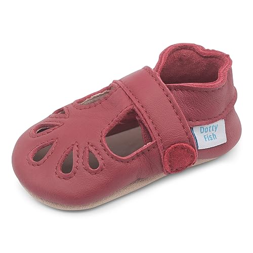 Dotty Fish weiche Leder Babyschuhe mit rutschfesten Wildledersohlen. Klassische T-Bar Schuhe für Mädchen rot. 0-6 Monate (17 EU) von Dotty Fish