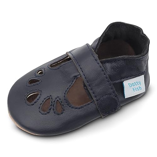 Dotty Fish weiche Leder Babyschuhe mit rutschfesten Wildledersohlen. Klassische T-bar Schuhe für Mädchen marineblau. 12-18 Monate (21 EU) von Dotty Fish