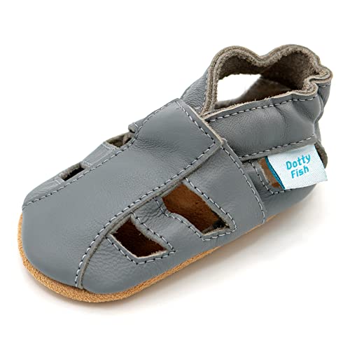 Dotty Fish Ledersandalen für Babys und Kleinkinder – Von Podologen empfohlen, atmungsaktiv, rutschfeste, britische Marke. Barfuß-Sommerschuhe für Jungen und Mädchen – Graue Sandalen 12-18 Monate von Dotty Fish