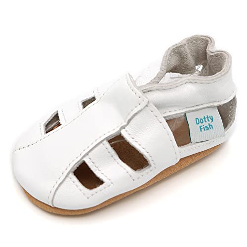 Dotty Fish Barfuß-Krabbelschuhe aus weichem Leder für Babys und Kleinkinder. Jungen und Mädchen. Weiße Sandalen. 12-18 Monate (21 EU) von Dotty Fish