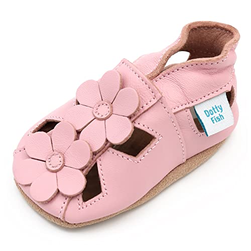 Dotty Fish Ledersandalen für Babys und Kleinkinder – Barfuß, rutschfest, von Podologen empfohlen, atmungsaktiv, britische Marke. Sommerschuhe für Mädchen – Rosa Blumensandalen 6-12 Monate (19 EU) von Dotty Fish