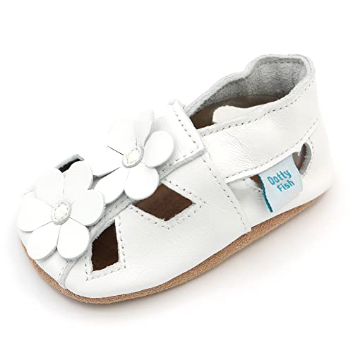 Dotty Fish Baby- und Kleinkind-Sommersandalen aus Leder für Mädchen – Britische Marke, weiche Barfußsohlen, rutschfest, atmungsaktiv, von Podologen empfohlen – Weiße Blumensandalen 12-18 Monate von Dotty Fish