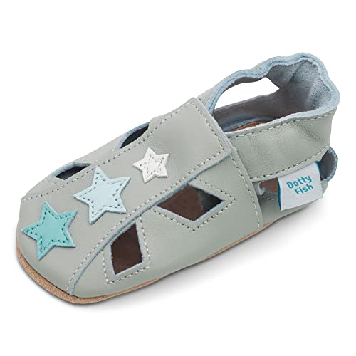 Dotty Fish Ledersandalen für Babys und Kleinkinder – Britische Marke, barfußfreundlich, rutschfest, atmungsaktiv, von Podologen empfohlen – Grau mit blauen Sternen 12-18 Monate von Dotty Fish