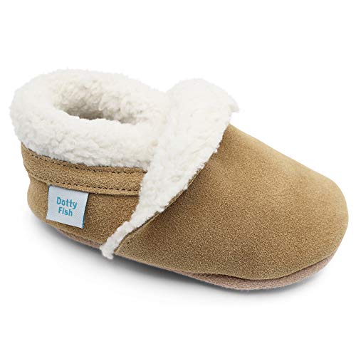 Dotty Fish Hausschuhe für Babys und Kleinkinder. Pantoffeln. Kinderschuhe. Krabbelschuh aus Wilderleder. Plüsch Warmes Fleecefutter. Hellbraun. 2-3 Jahre (25 EU) Jungen. Mädchen von Dotty Fish