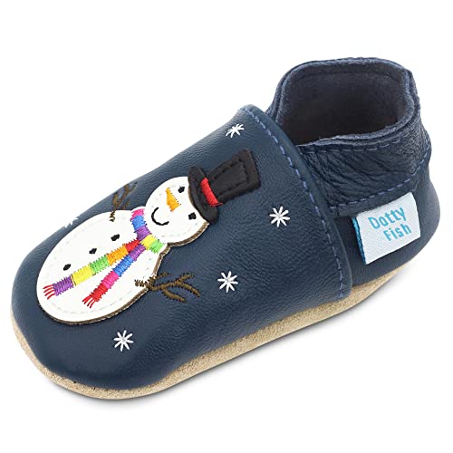 Dotty Fish weiche Leder Babyschuhe mit rutschfesten Wildledersohlen. Kleinkind Schuhe. Dunkelblauer Schneemann. Mädchen und Jungen. 12-18 Monate (21 EU) von Dotty Fish