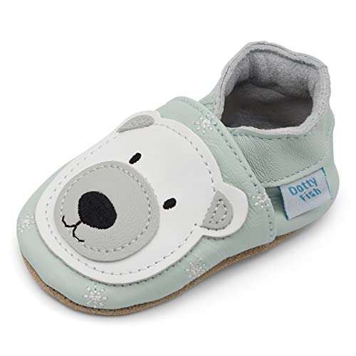 Dotty Fish weiche Leder Babyschuhe mit rutschfesten Wildledersohlen. Kleinkind Schuhe. Eisblau mit Eisbär. Mädchen und Jungen. 0-6 Monate (17 EU) von Dotty Fish