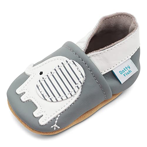 Dotty Fish Krabbelschuhe aus Leder – rutschfeste, weiche Sohle, Barfußgefühl, Lauflernschuhe & Babyschuhe für Jungen und Mädchen. Grauer Elefant. 2-3 Jahre (25 EU) von Dotty Fish