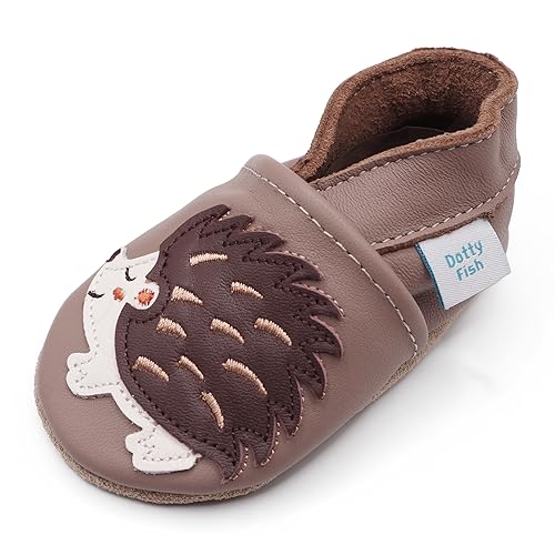 Dotty Fish Krabbelschuhe aus Leder – rutschfeste, weiche Sohle, Barfußgefühl, Lauflernschuhe & Babyschuhe für Jungen und Mädchen. Hellbraun Igel. 6-12 Monate (19 EU) von Dotty Fish