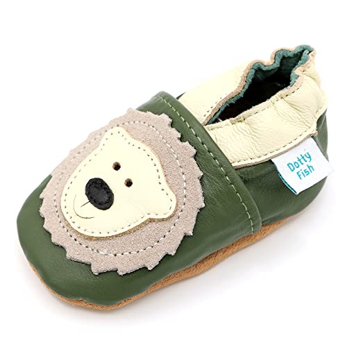 Dotty Fish Krabbelschuhe aus Leder – rutschfeste, weiche Sohle, Barfußgefühl, Lauflernschuhe & Babyschuhe für Jungen und Mädchen. Olivgrün und Creme Bär. 6-12 Monate (19 EU) von Dotty Fish