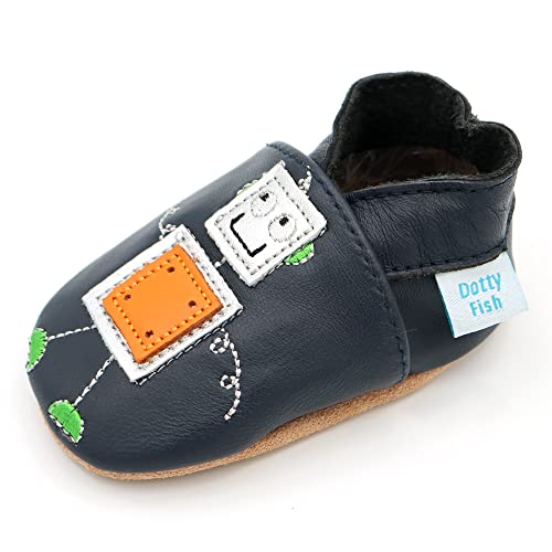 Dotty Fish weiche Leder Babyschuhe mit rutschfesten Wildledersohlen. Kleinkind Schuhe. Jungen. Roboter Silber und Marineblau. 0-6 Monate (17 EU) von Dotty Fish