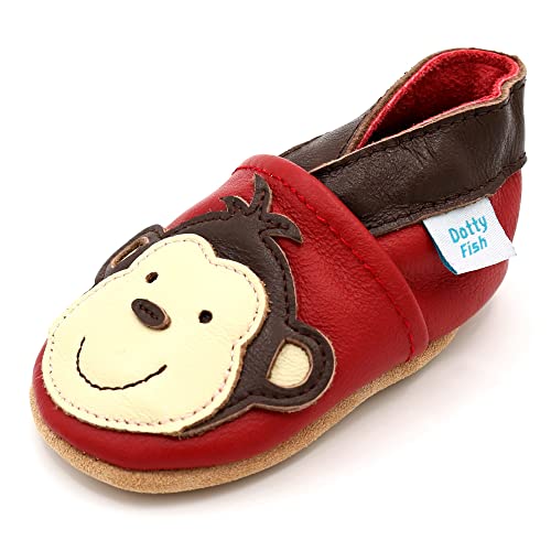 Dotty Fish weiche Leder Babyschuhe mit rutschfesten Wildledersohlen. Kleinkind Schuhe. Jungen. Rot mit Affen. 0-6 Monate (17 EU) von Dotty Fish