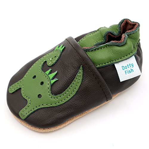 Dotty Fish weiche Leder Babyschuhe mit rutschfesten Wildledersohlen. Kleinkind Schuhe. Krabbelschuhe. Braune und grüne Dinosaurier. 0-6 Monate (17 EU) von Dotty Fish