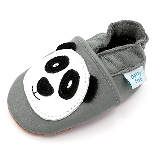 Dotty Fish weiche Leder Babyschuhe mit rutschfesten Wildledersohlen. Kleinkind Schuhe. Krabbelschuhe. Jungen. Grau Panda. 0-6 Monate (17 EU) von Dotty Fish