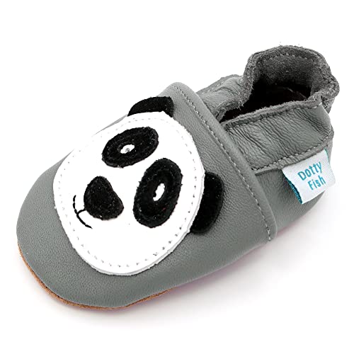 Dotty Fish Krabbelschuhe aus Leder – rutschfeste, weiche Sohle, Barfußgefühl, Lauflernschuhe & Babyschuhe für Jungen und Mädchen. Grau Panda. 4-5 Jahre (28 EU) von Dotty Fish
