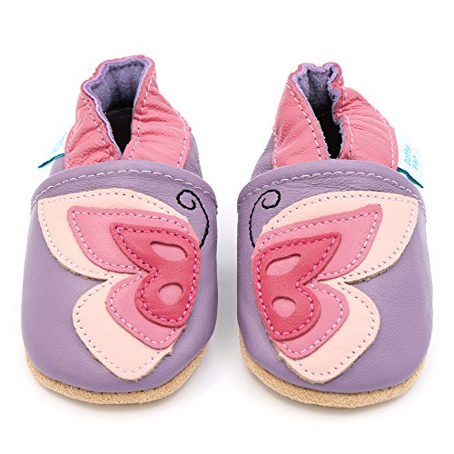 Dotty Fish Krabbelschuhe aus Leder – Rutschfeste, weiche Sohle, Barfußgefühl, Lauflernschuhe & Babyschuhe für Mädchen. Lila Schmetterling. 6-12 Monate (19 EU) von Dotty Fish
