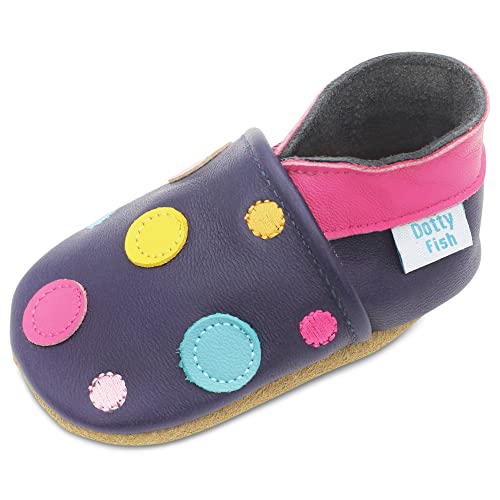 Dotty Fish weiche Leder Babyschuhe mit rutschfesten Wildledersohlen. Kleinkind Schuhe. Mädchen Marineblau mit bunten Punkten. 0-6 Monate (17 EU) von Dotty Fish