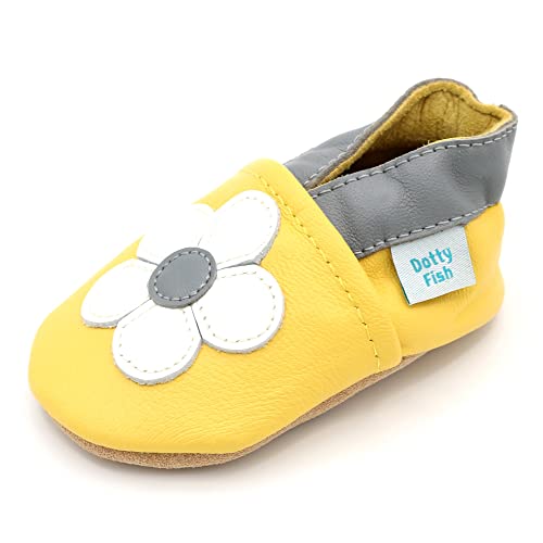 Dotty Fish weiche Leder Babyschuhe mit rutschfesten Wildledersohlen. Kleinkind Schuhe. Mädchen. Gelb Gänseblümchen. 0-6 Monate (17 EU) von Dotty Fish