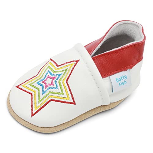 Dotty Fish weiche Leder Babyschuhe mit rutschfesten Wildledersohlen. Kleinkind Schuhe. Mädchen. Regenbogenstern weiß. 0-6 Monate (17 EU) von Dotty Fish