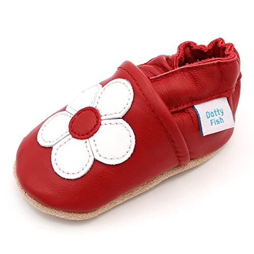 Dotty Fish weiche Leder Babyschuhe mit rutschfesten Wildledersohlen. Kleinkind Schuhe. Mädchen. Rote und weiße Blume. 0-6 Monate (17 EU) von Dotty Fish