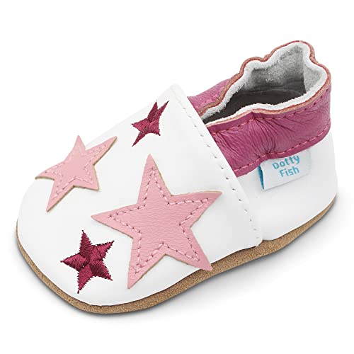 Dotty Fish Krabbelschuhe aus Leder – rutschfeste, weiche Sohle, Barfußgefühl, Lauflernschuhe & Babyschuhe für Mädchen. Weiß und Hellrosa Sterne. 3-4 Jahre (27 EU) von Dotty Fish