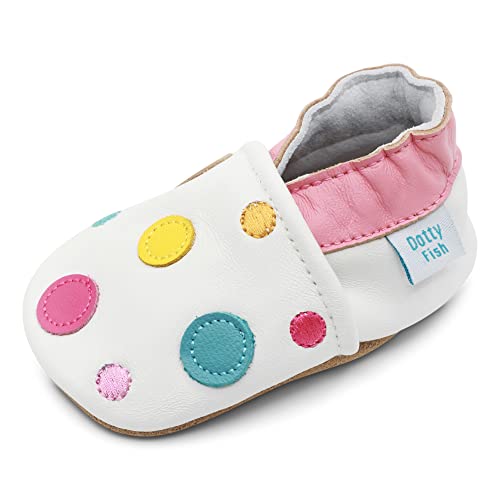 Dotty Fish weiche Leder Babyschuhe mit rutschfesten Wildledersohlen. Kleinkind Schuhe. Mädchen.Weiß mit bunten Punkten. 0-6 Monate (17 EU) von Dotty Fish