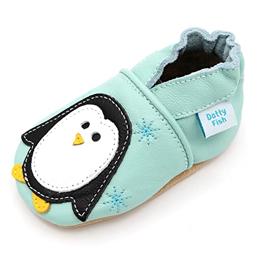 Dotty Fish weiche Leder Babyschuhe mit rutschfesten Wildledersohlen. Kleinkind Schuhe. Mintfarben mit Pinguin. Mädchen und Jungen. 12-18 Monate (21 EU) von Dotty Fish