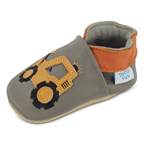 Dotty Fish weiche Leder Babyschuhe mit rutschfesten Wildledersohlen. Krabbelschuhe. Jungen. Kleinkind Schuhe. Grau mit gelbem Bagger. 18-24 Monate (23 EU) von Dotty Fish