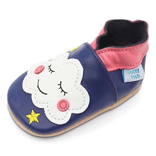 Dotty Fish Krabbelschuhe aus Leder – Rutschfeste, weiche Sohle, Barfußgefühl, Lauflernschuhe & Babyschuhe für Mädchen. Blauer Schuh mit Wolke der süßen Träume. 2-3 Jahre (25 EU) von Dotty Fish
