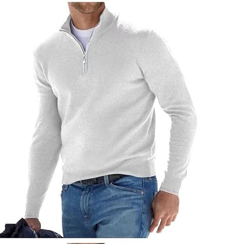 Dotmalls Herren Kaschmir Reißverschluss Basic Pullover Viertel Reißverschluss Herren Pullover Strickpullover Casual Langarm Pullover, weiß, L von Dotwites