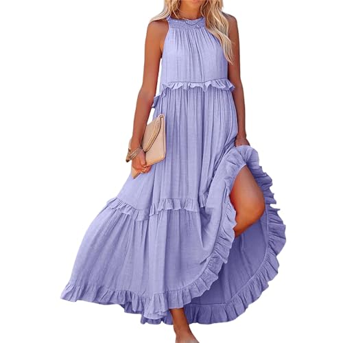 Dotwites Damen Sommer Ärmellos Neckholder Lagenkleid Flowy Rüschen Lagenplissiert Langes Strandkleid Sommerkleid (Lila, S), violett von Dotwites