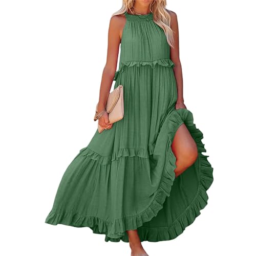 Dotwites Damen Sommer Ärmelloses Neckholder Lagenkleid Flowy Rüschen Lagenplissee Langes Strandkleid Sommerkleid (Grün, M), grün von Dotwites