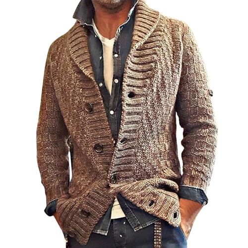 Dotwites Herren Vintage Revers Knit Cardigan Jacke, Herren Strickjacke mit Knöpfen Strick, Winter Warm Knit Revers Cardigan Sweater, braun, M von Dotwites