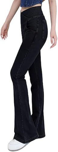 Dotwites Hohe Taille Crossover Stretch Knit Breites Bein Denim Flare Jegging, Schlanke Hohe Taille Blau Denim Bleistift Hosen, Schwarz , L von Dotwites