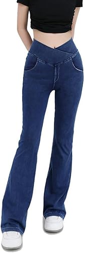 Dotwites Hohe Taille Crossover Stretch Knit Breites Bein Denim Flare Jegging, Schlanke Hohe Taille Blau Denim Bleistift Hosen, dunkelblau, XXL von Dotwites