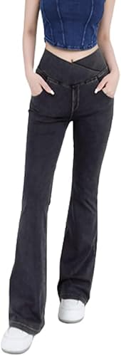 Dotwites Hohe Taille Crossover Stretch Knit Breites Bein Denim Flare Jegging, Schlanke Hohe Taille Blau Denim Bleistift Hosen, dunkelgrau, M von Dotwites