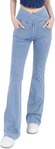 Dotwites Hohe Taille Crossover Stretch Knit Breites Bein Denim Flare Jegging, Schlanke Hohe Taille Blau Denim Bleistift Hosen, hellblau, M von Dotwites