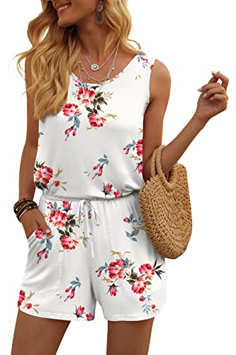 DouBCQ Damen Sommer Strampler Casual Kurz Jumpsuit mit Taschen, Blumenmuster in Rot und Weiß., Large von DouBCQ