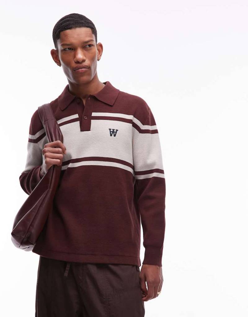 Double A By Wood Wood - Curt - Langärmliges, gestricktes Polohemd in Schokobraun und Cremeweiß mit gestreiftem Einsatz-Bunt von Double A by Wood Wood