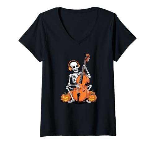 Damen Halloween Skelett Kontrabass Bassist T-Shirt mit V-Ausschnitt von Double Bass Music Contrabass Player Gifts