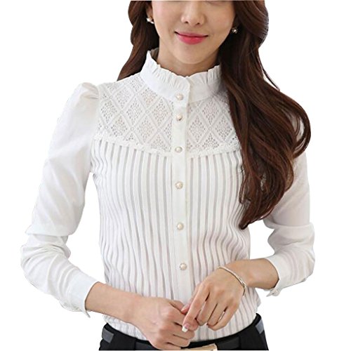Double Plus Open Damen dpo vintage-ergatterte gefaltetes hemd langarm spitzen stretchy bluse 2 stand up weiß von Double Plus Open