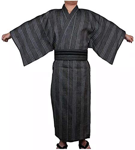 Men's Japanese Yukata Kimono Home Robe Pajamas Yukuata Dressing Gown Cotton (L, Schwarz & Grau) von Double Villages
