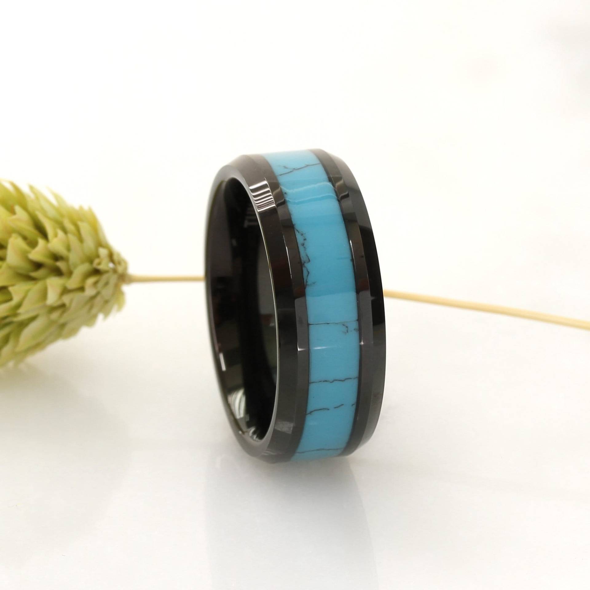 Herren Damen Wolfram Ring, 8mm Schwarz & Blau Türkis Inlay Abgeschrägte Rand Personalisierter Ring von DoubleAccentJewelry