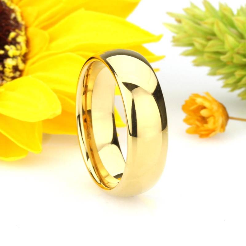 7 Mm Gold Wolfram Ring Hochglanzpolierte Kuppel, Comfort Fit, Individuell Gravierter Ehering von DoubleAccentJewelry