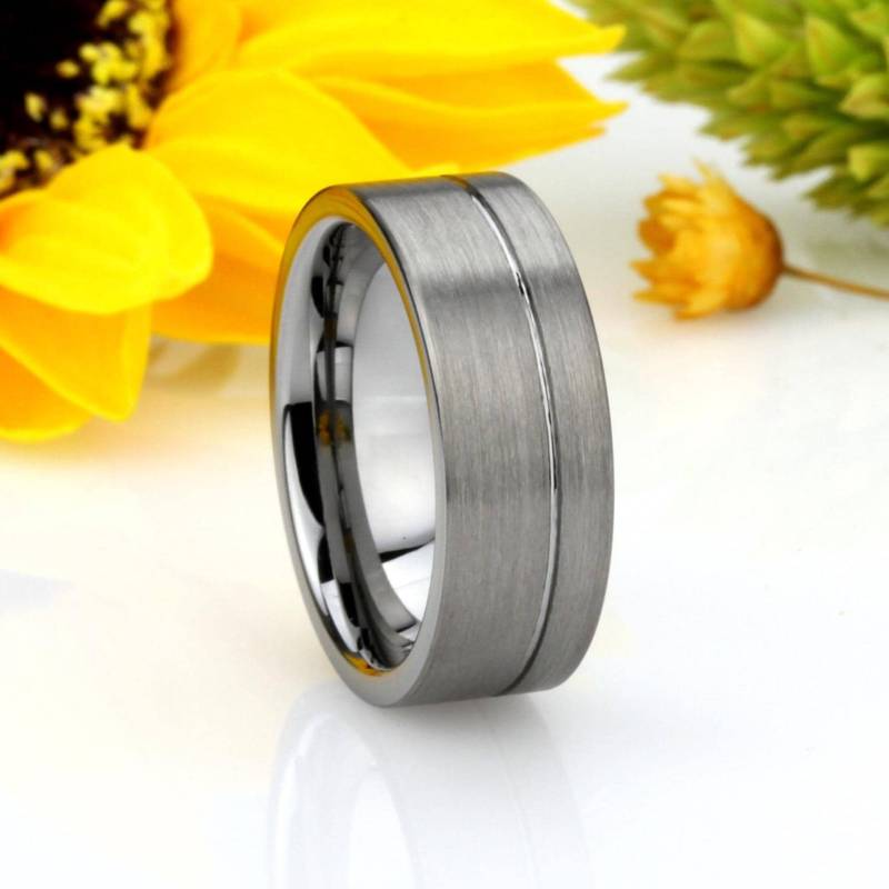 Männer Frauen Wolfram Ehering 8 Mm Gerillt Wolframring, Personalisierte Ring | Jdtr030 von DoubleAccentJewelry