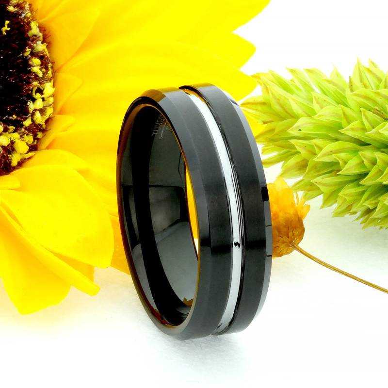 Schwarz Wolfram Ring 6 Mm 8 Stahl Farbe Gerillt, Seine & Ihre Ringe, Individuell Gravierte Eheringe Set von DoubleAccentJewelry