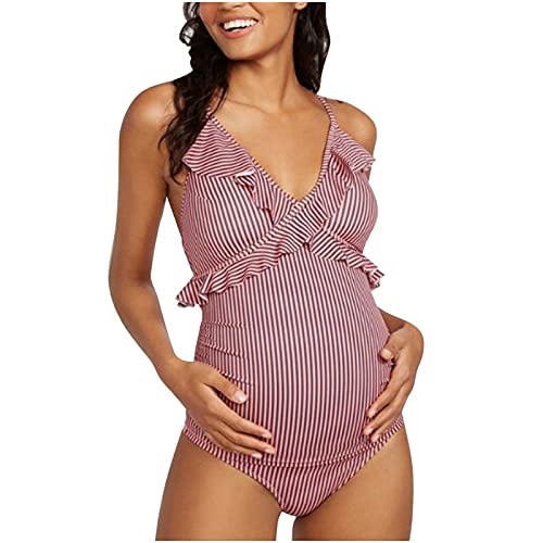 Damen Umstands-Badeanzug Umstands-Bikini Bademode Schwangerschafts Badeanzug V-Ausschnitt Schwanger Badezug mit verstellbaren Trägern (B-Red, S) von Doublehero