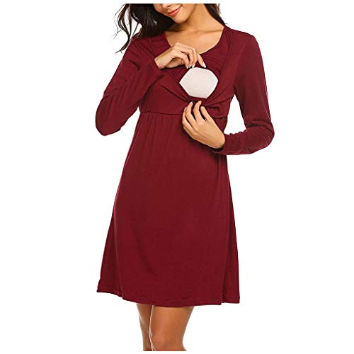 Damen Umstandskleid Festlich Stillkleid Solide Nachtwäsche Stillkleid Ärmel Frauen Lange Umstandsmode zum Stillen Umstandskleid Strickkleid Damen Winter Rot von Doublehero
